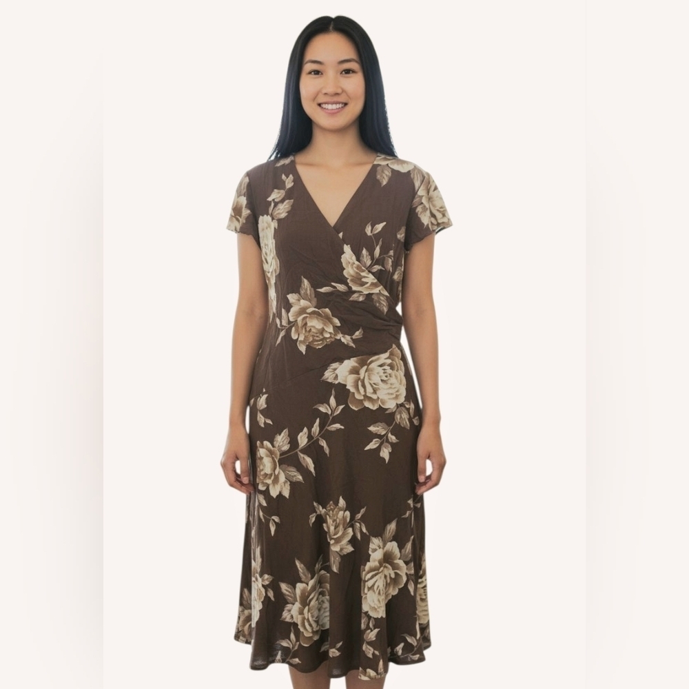 SPENSER JEREMY 100% Silk Floral Wrap Front Midi Dress. Brown/Cream. Size 4